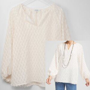 Chico's Chevron Blouse Textured Fringe Top V-Neck Long Sleeve Cream Size (2) 12